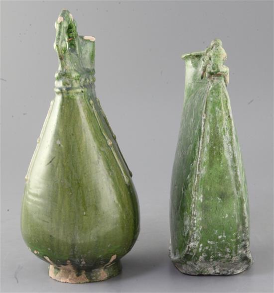 Two Chinese green-glazed flasks, possibly Liao dynasty, 26.5cm and 29.5cm